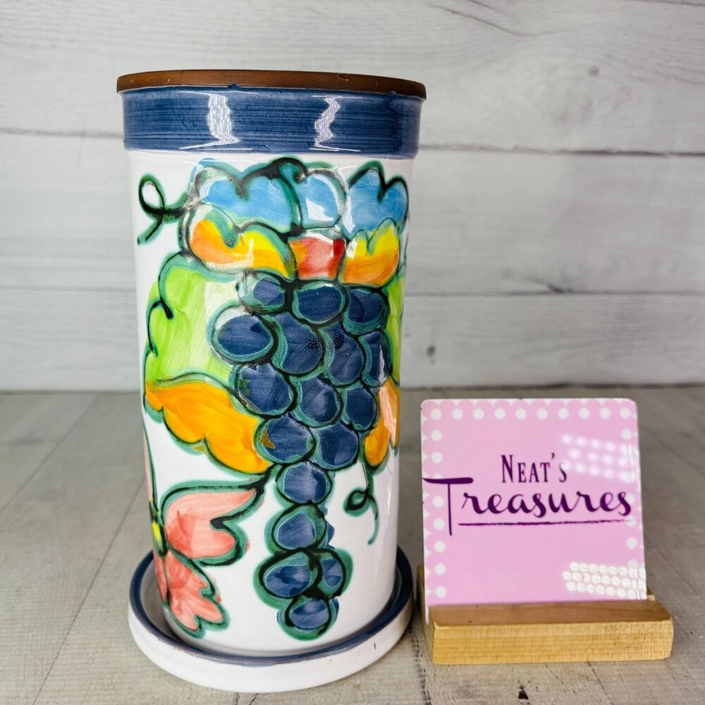 80's Himark CELINA Handpainted Grapes Flowers Terracotta Wine Chiller W Coaster